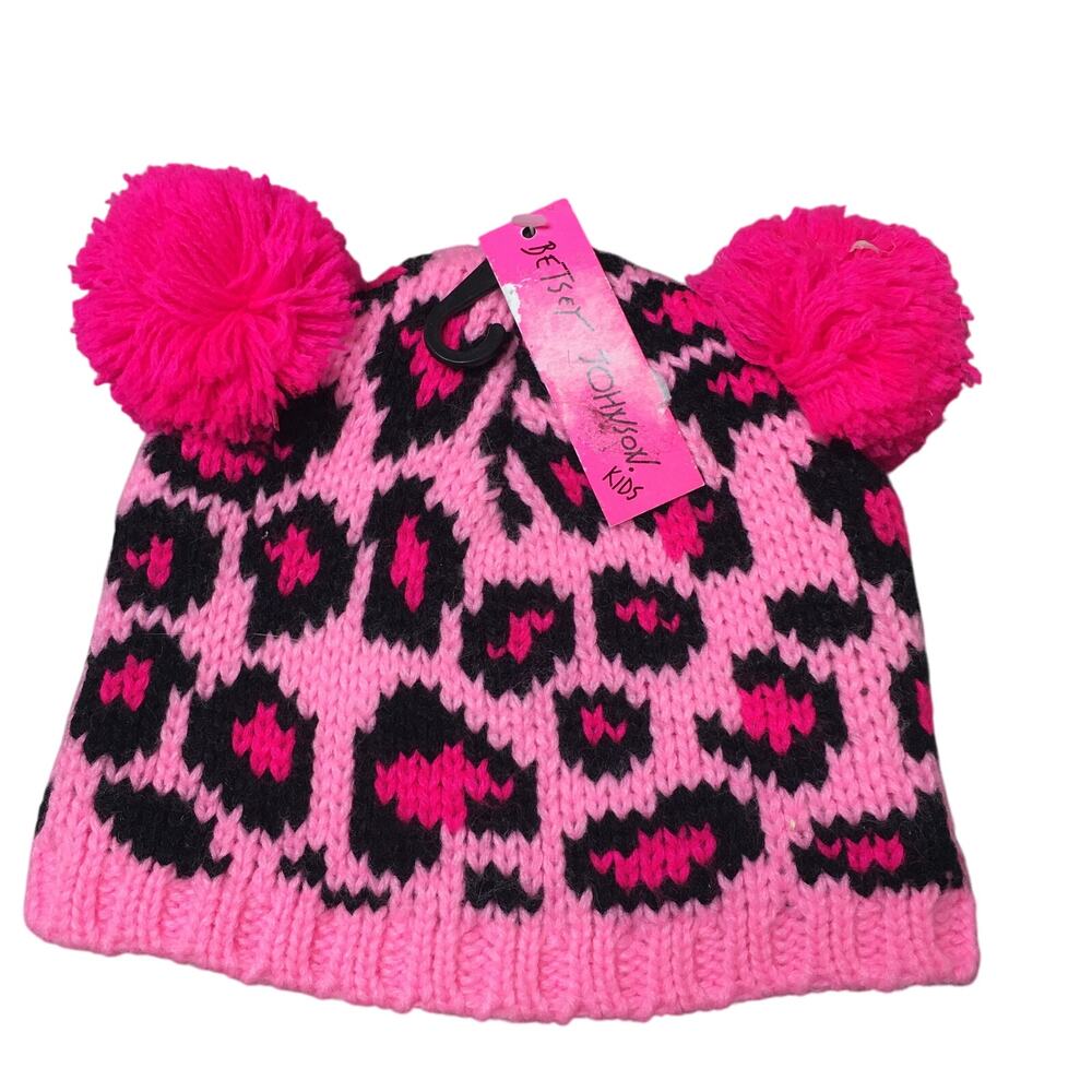 NWT Betsey Johnson Kids Pom Cap Beanie Hat Leopard Animal Print Pink 2-4